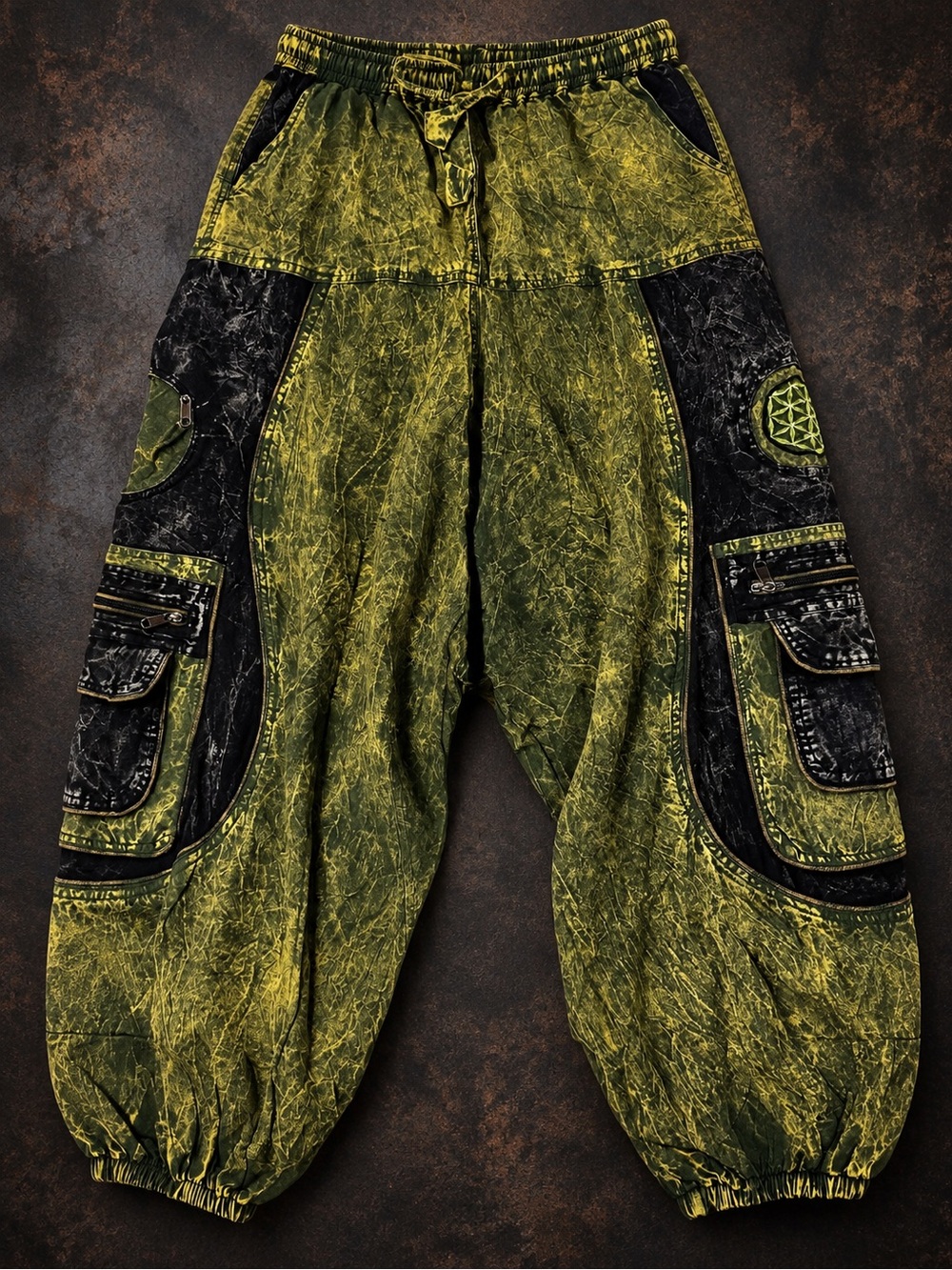 Rhea Yellow-Green Acid-Wash Boho Cargo Pants